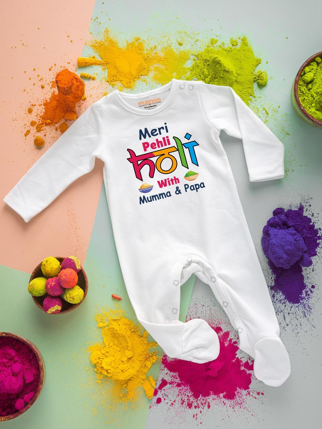 

FFLIRTYGO Infants Holi Printed Pure Cotton Sleepsuit, White