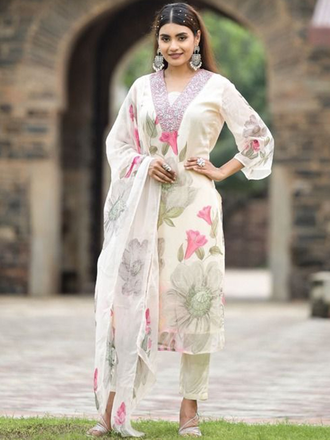 

KALINI Floral Printed V-Neck Georgette Straight Kurta With Trousers And Dupatta, White