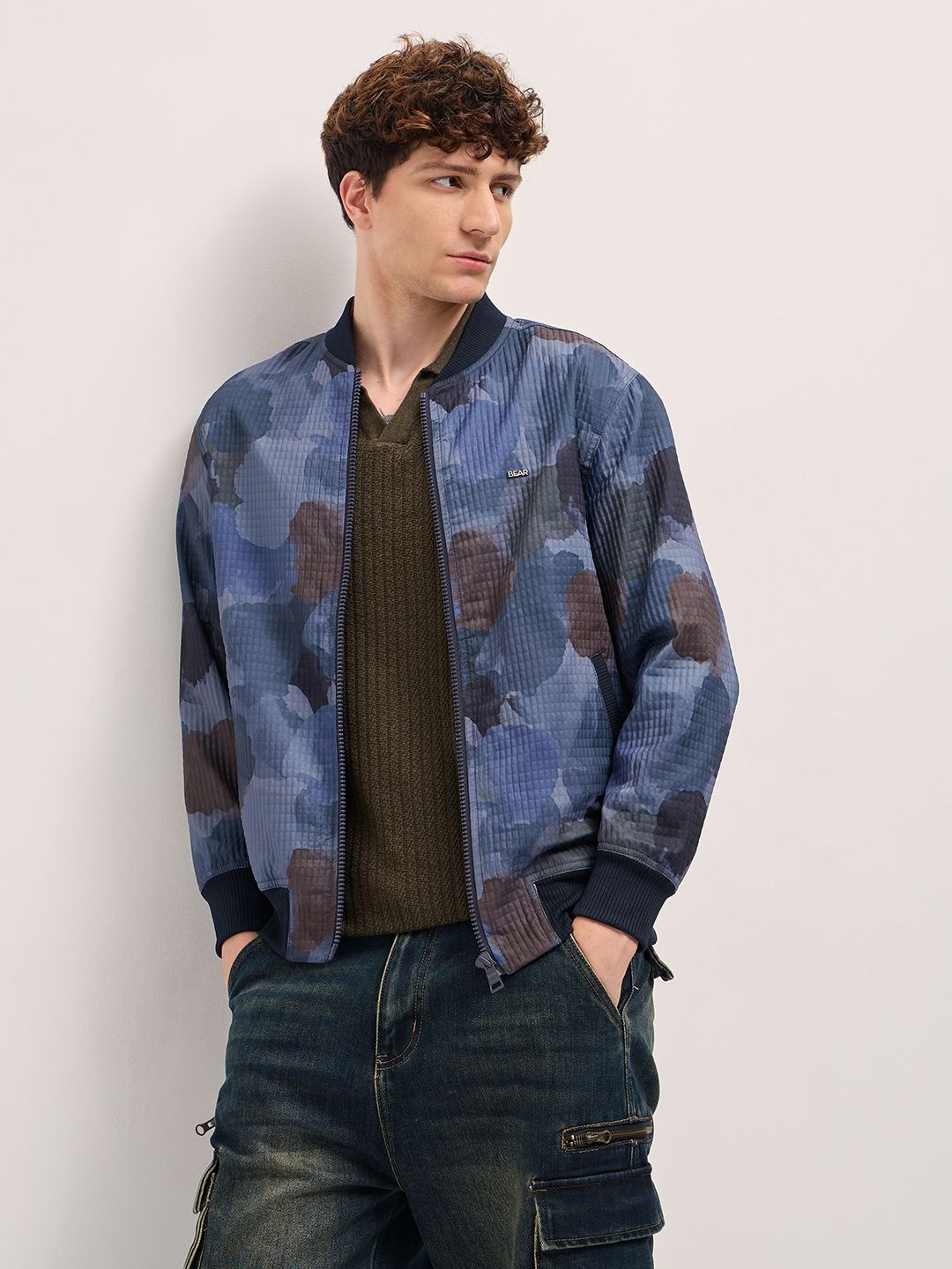 

THE BEAR HOUSE Men Abstract Printed Casual Lightweight Bomber Jacket, Navy blue