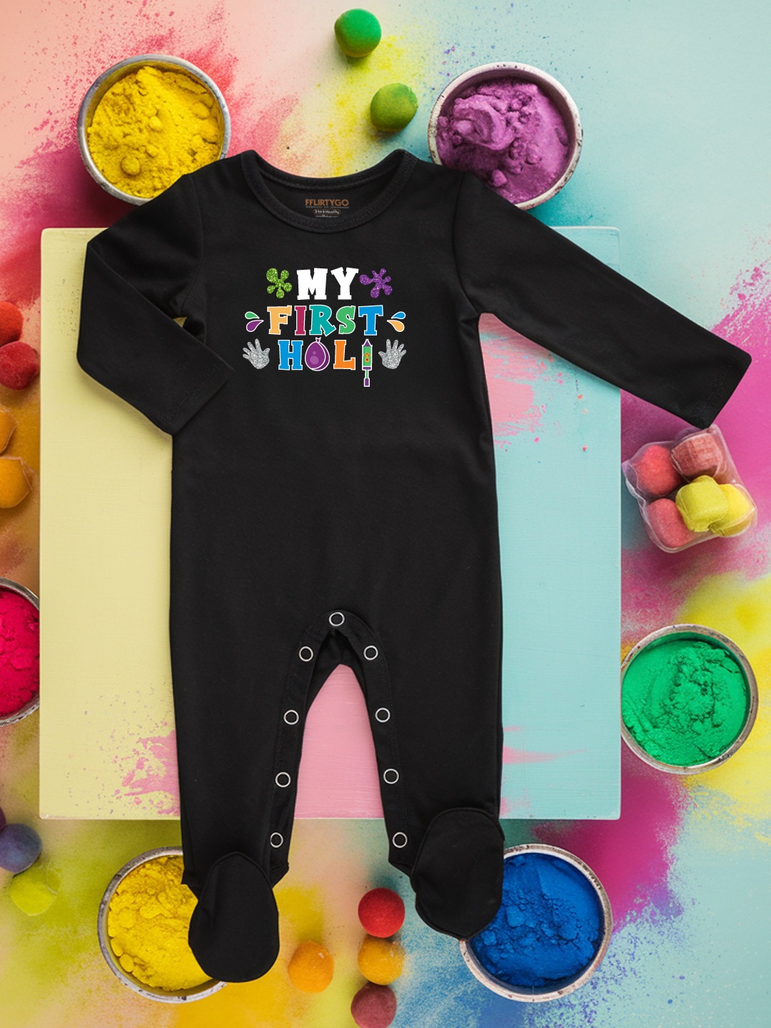 

FFLIRTYGO Infants Holi Printed Pure Cotton Sleepsuit, Black