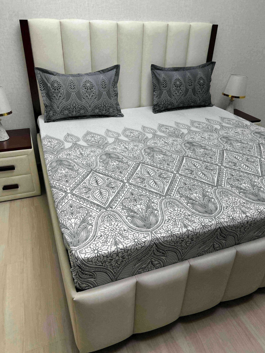 

Pure Decor White & Grey Ethnic Motifs King Bedsheet with 2 Pillow Covers