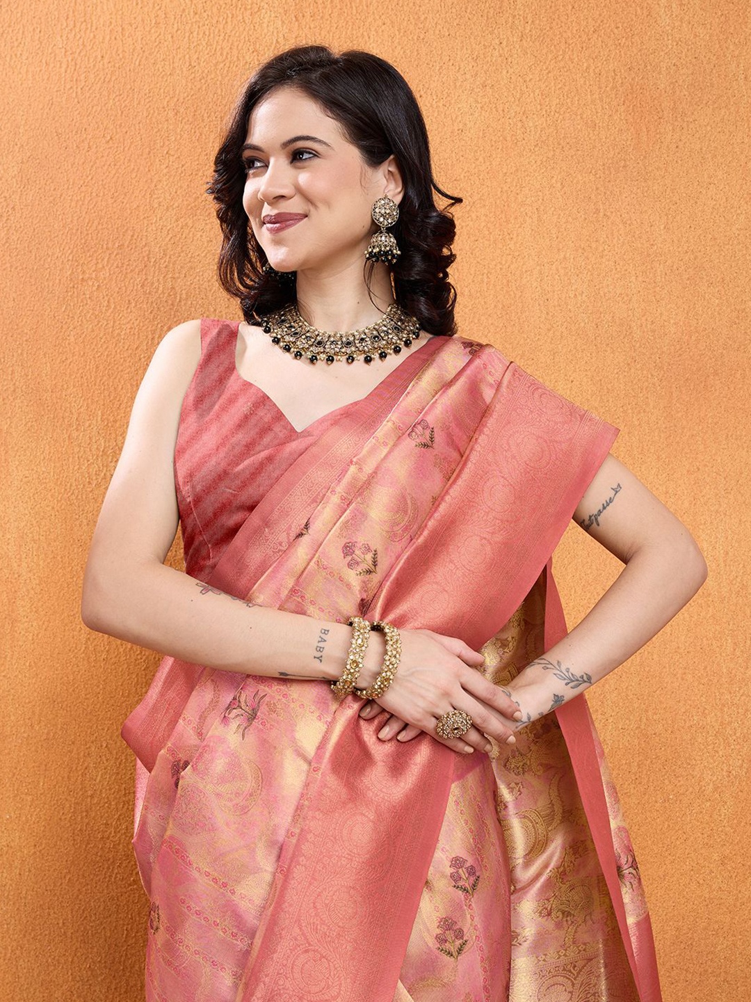 

Ethnielle Kalamkari Zari Silk Blend Banarasi Saree, Coral