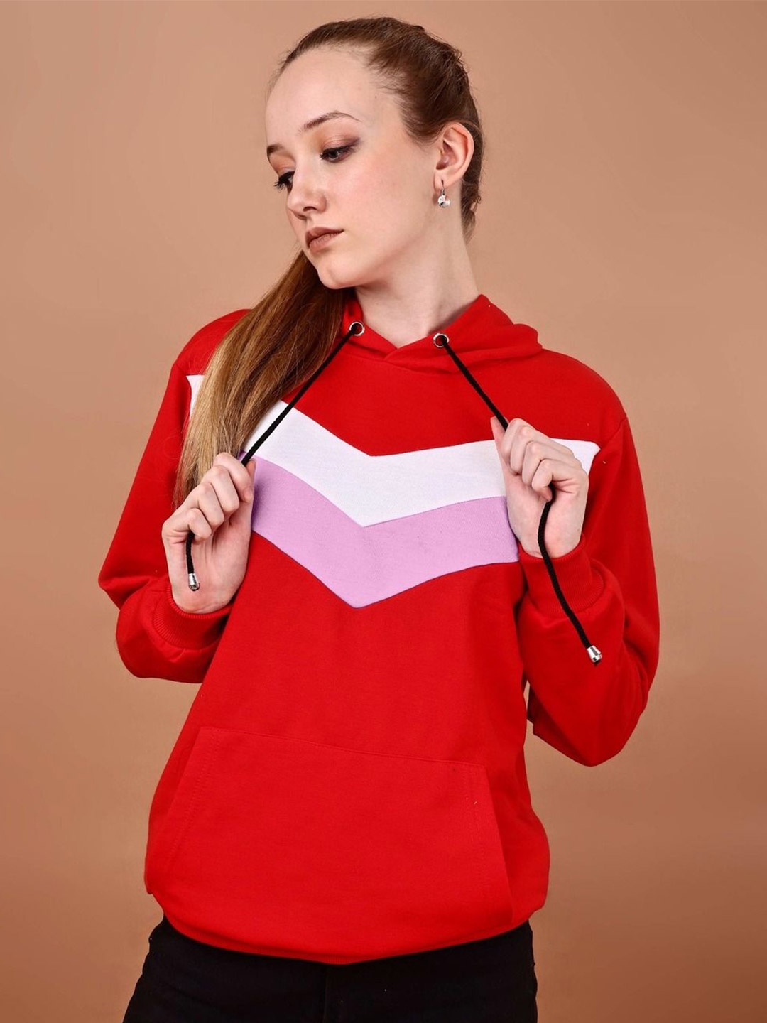 

shriez Women Colourblocked Hooded Sweatshirt, Red