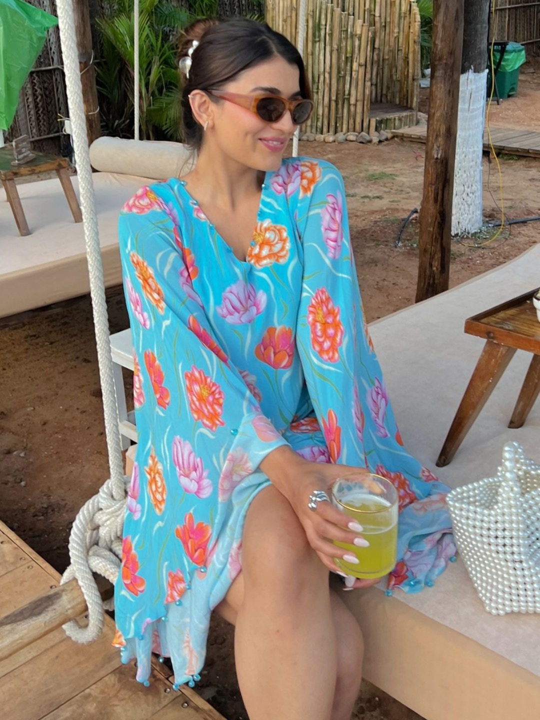

Prose Stories Women Floral Printed Bell Sleeve Crepe A-Line Mini Dress, Blue