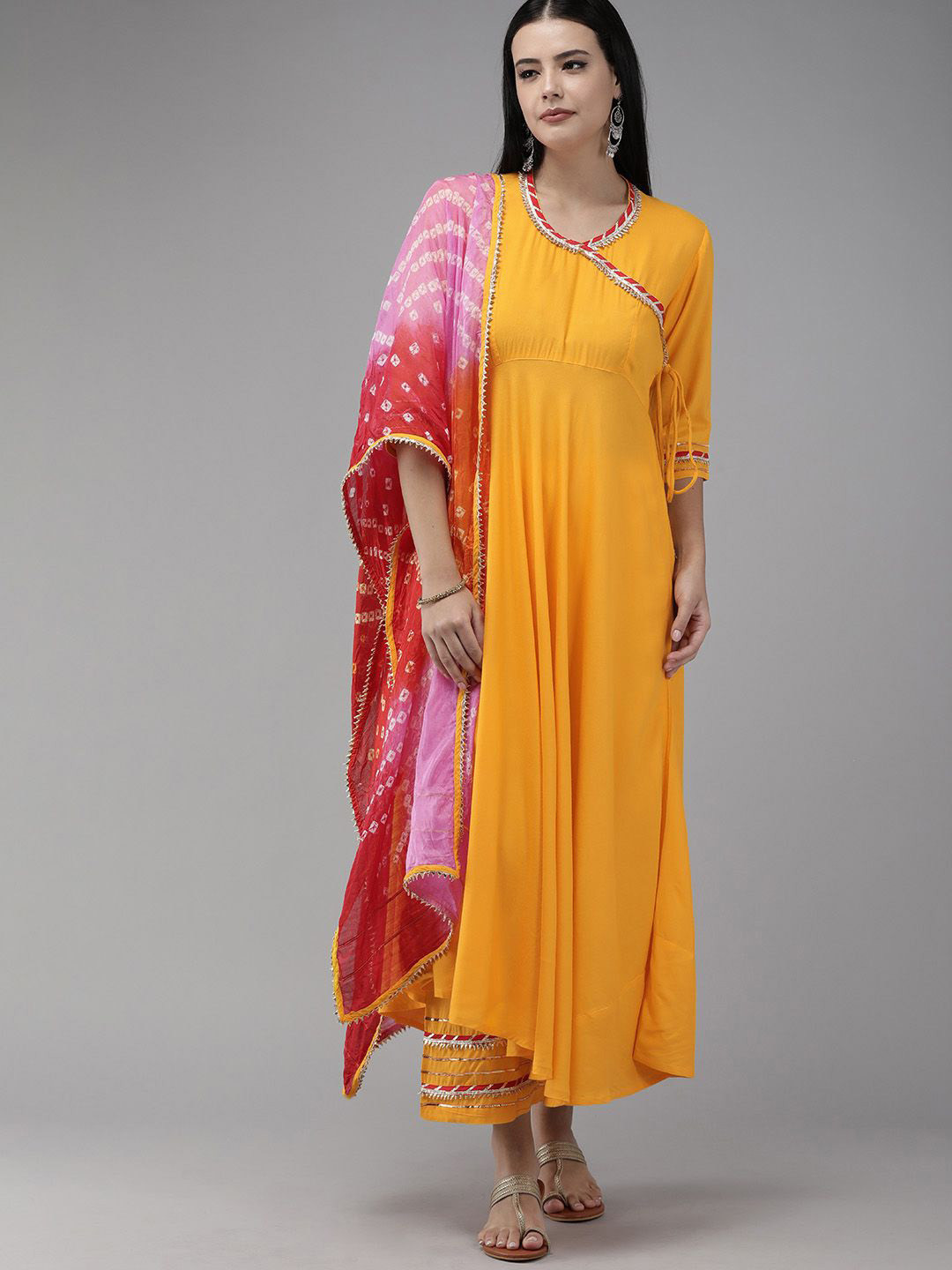

Geroo Luxe U-Neck Gotta Patti A-Line Kurta With Palazzos & Dupatta, Yellow