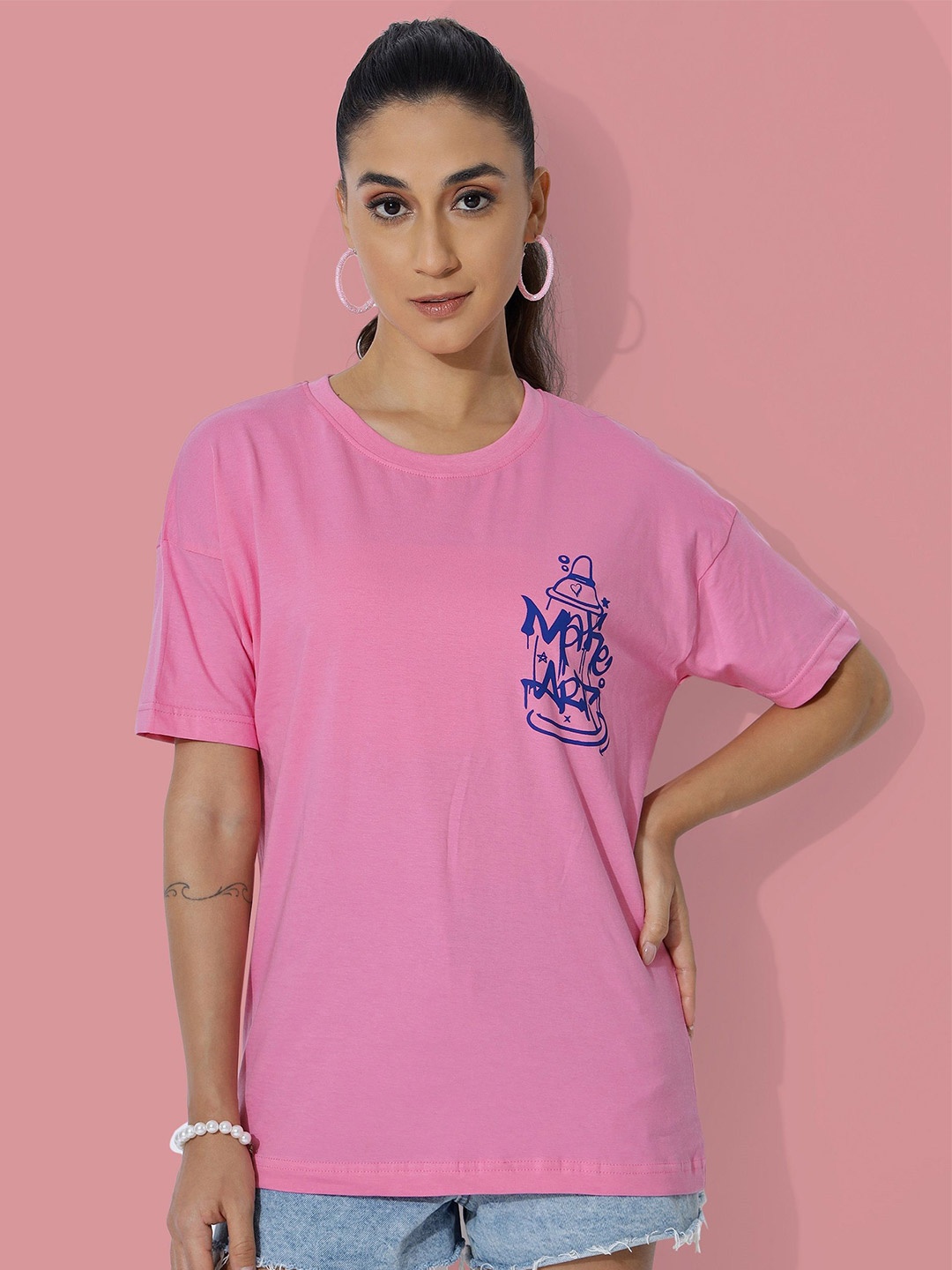

DressBerry Women Printed Extended Sleeves Cotton Longline Top, Pink