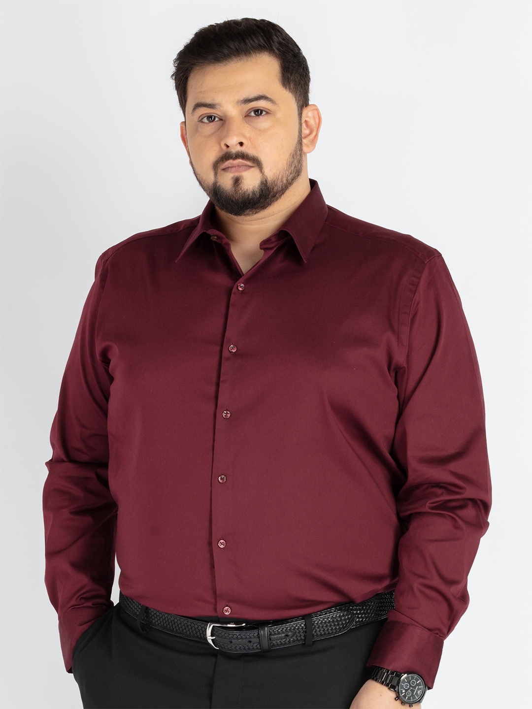 

UNSIZED Men Plus Size Comfort Oversized Fit Spread Collar Solid Satin Formal Shirt, Maroon