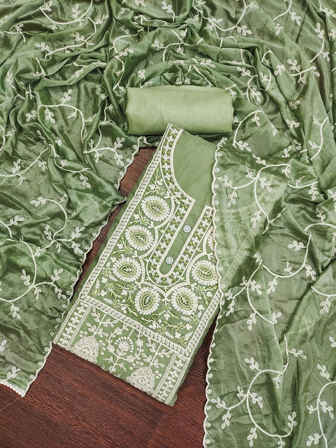 

Blissta Floral Embroidered Organza Unstitched Dress Material, Green