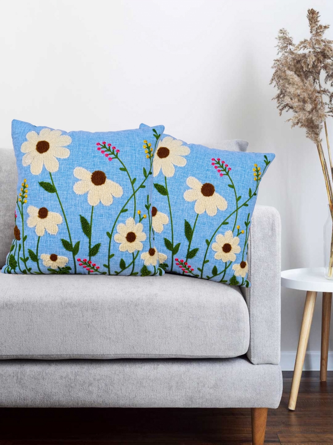 

Vinayaka Fab Blue 2 Pieces Floral Embroidered Linen Square Shaped Cushion Covers