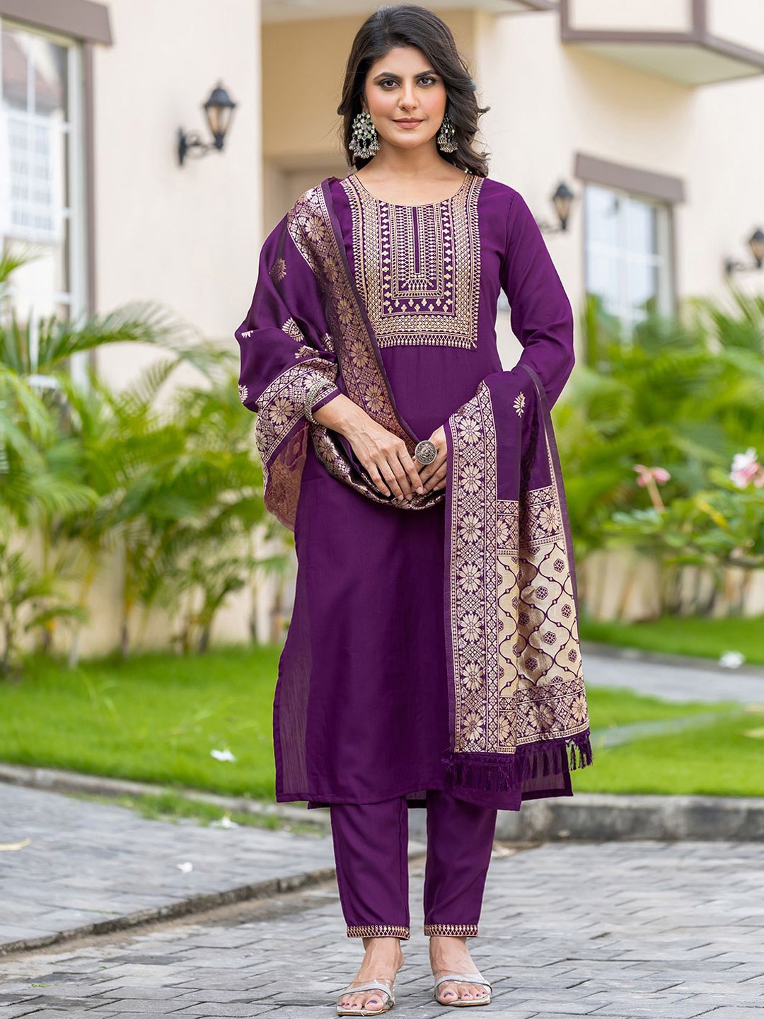 

KALINI Ethnic Motifs Yoke Design Sequinned Straight Kurta With Trousers And Dupatta, Purple