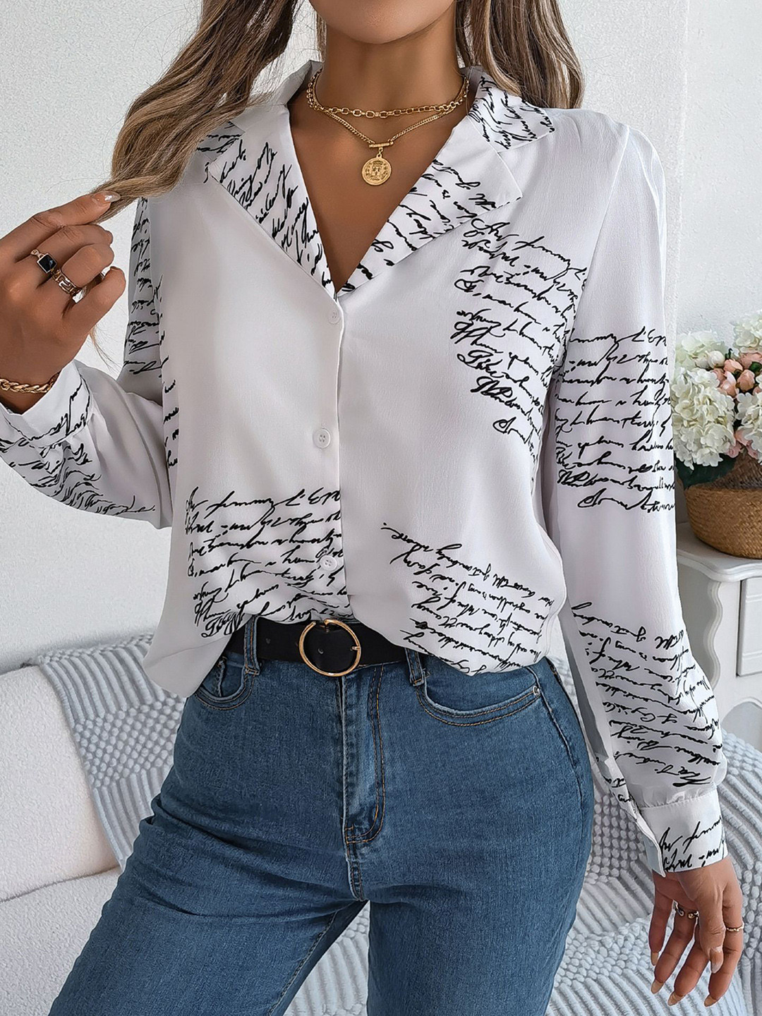 

StyleCast x Revolte Women Cuban Collar Typography Printed Casual Shirt, White