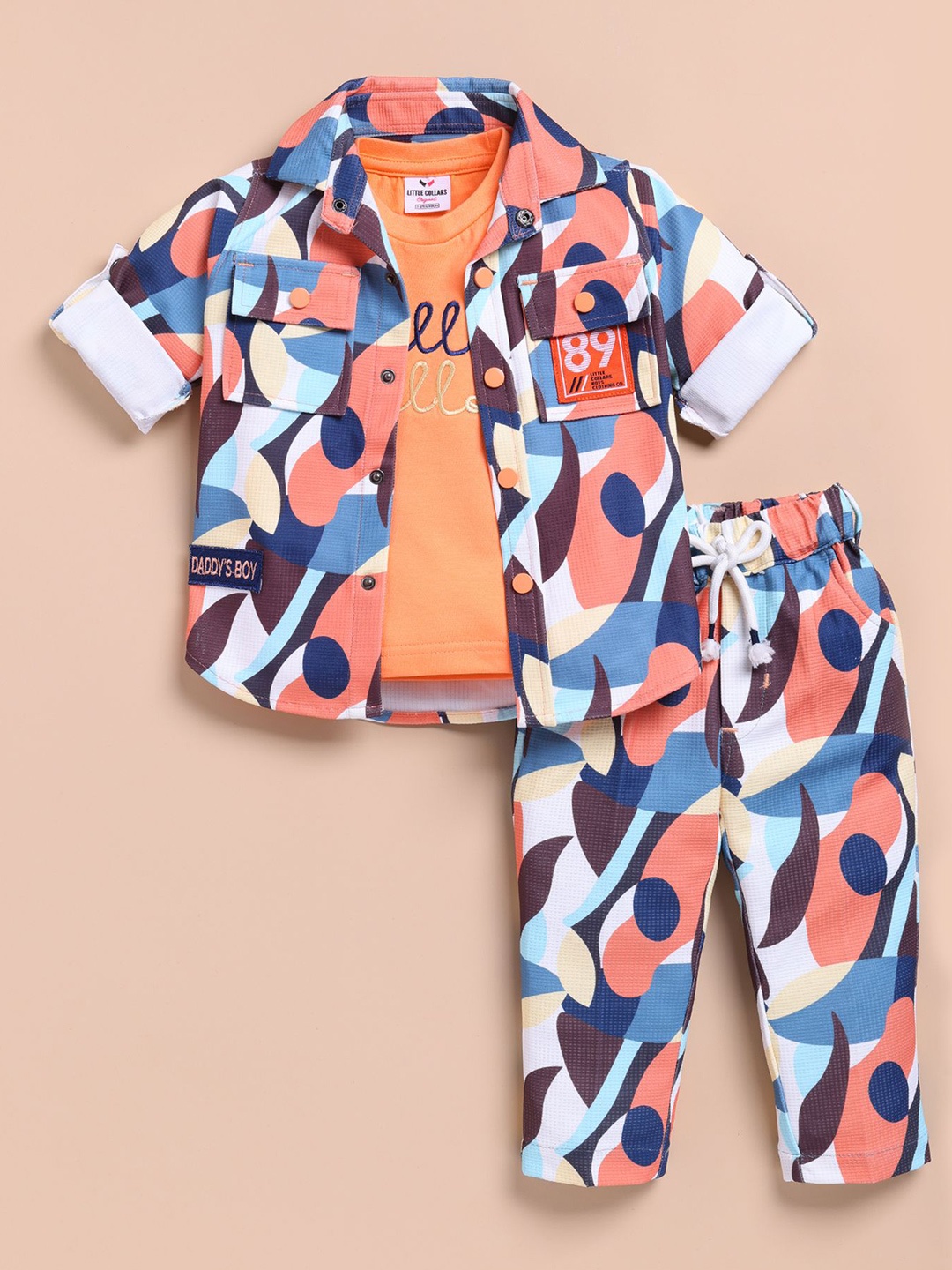 

LITTLE COLLARS Boys Printed T-shirt with Trousers, Peach