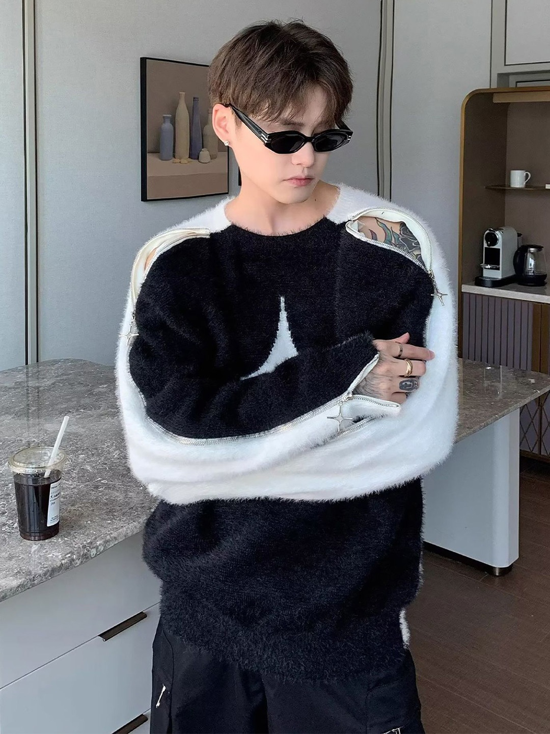 

StyleCast x Revolte Men Cable Knit Pullover, Black
