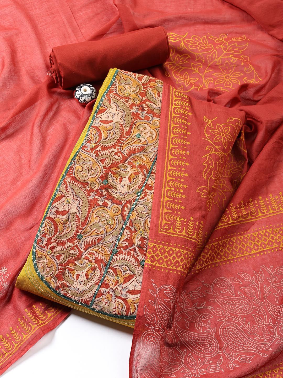 

Meena Bazaar Ethnic Motifs Printed Unstitched Dress Material, Red
