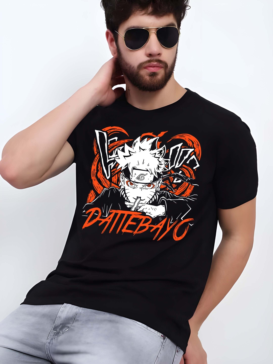 

Krimmple Men Naruto Graphic Printed Round Neck Cotton T-shirt, Black