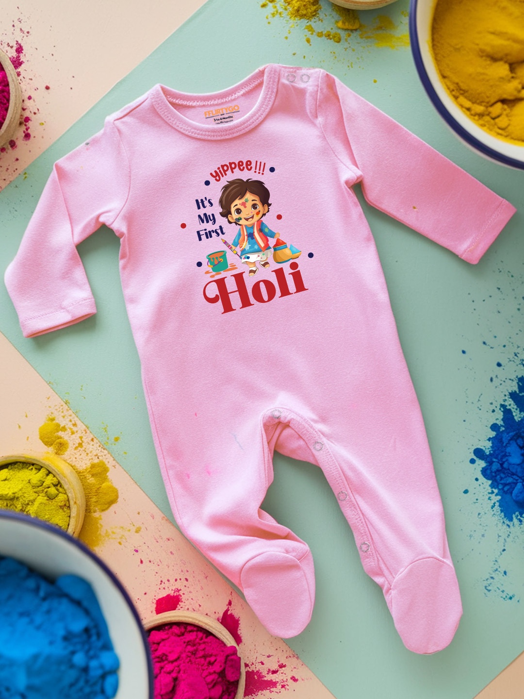 

FFLIRTYGO Infants Holi Printed Pure Cotton Sleepsuit, Pink