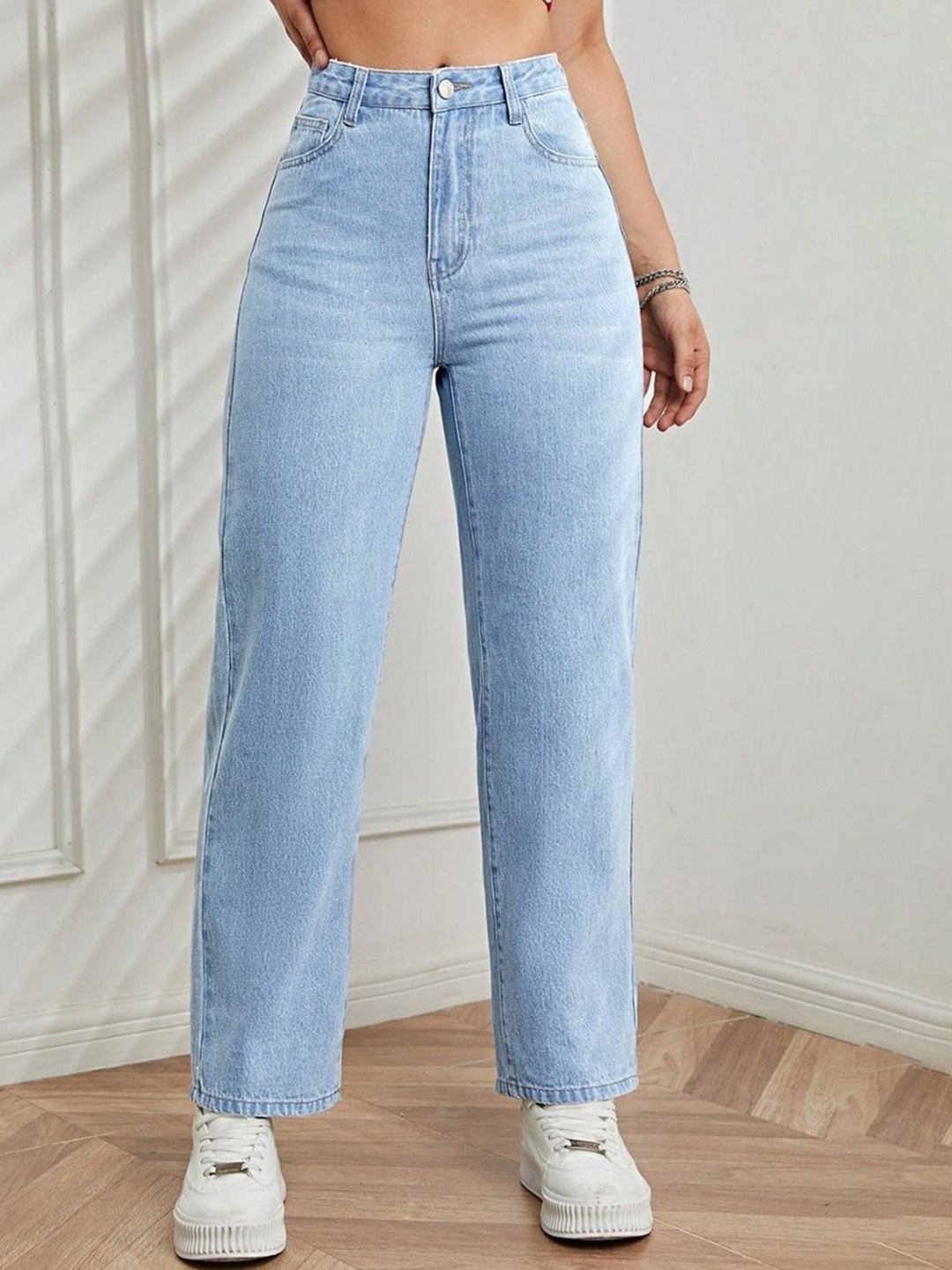 

NUCOUTHS Women Comfort Wide Leg Light Fade Stretchable Jeans, Blue