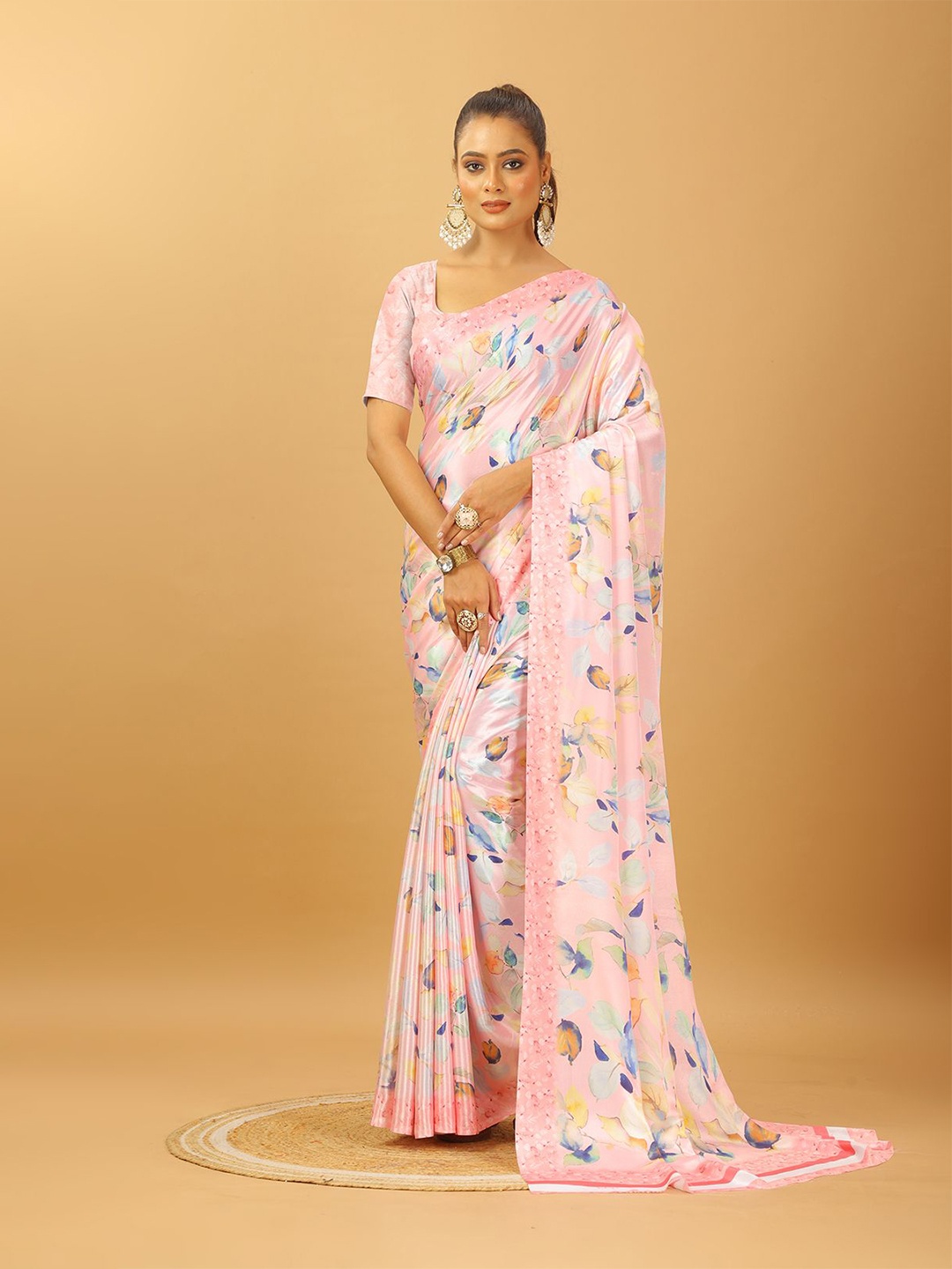 

NIRMAL CREATION Floral Printed Pure Crepe Saree, Pink
