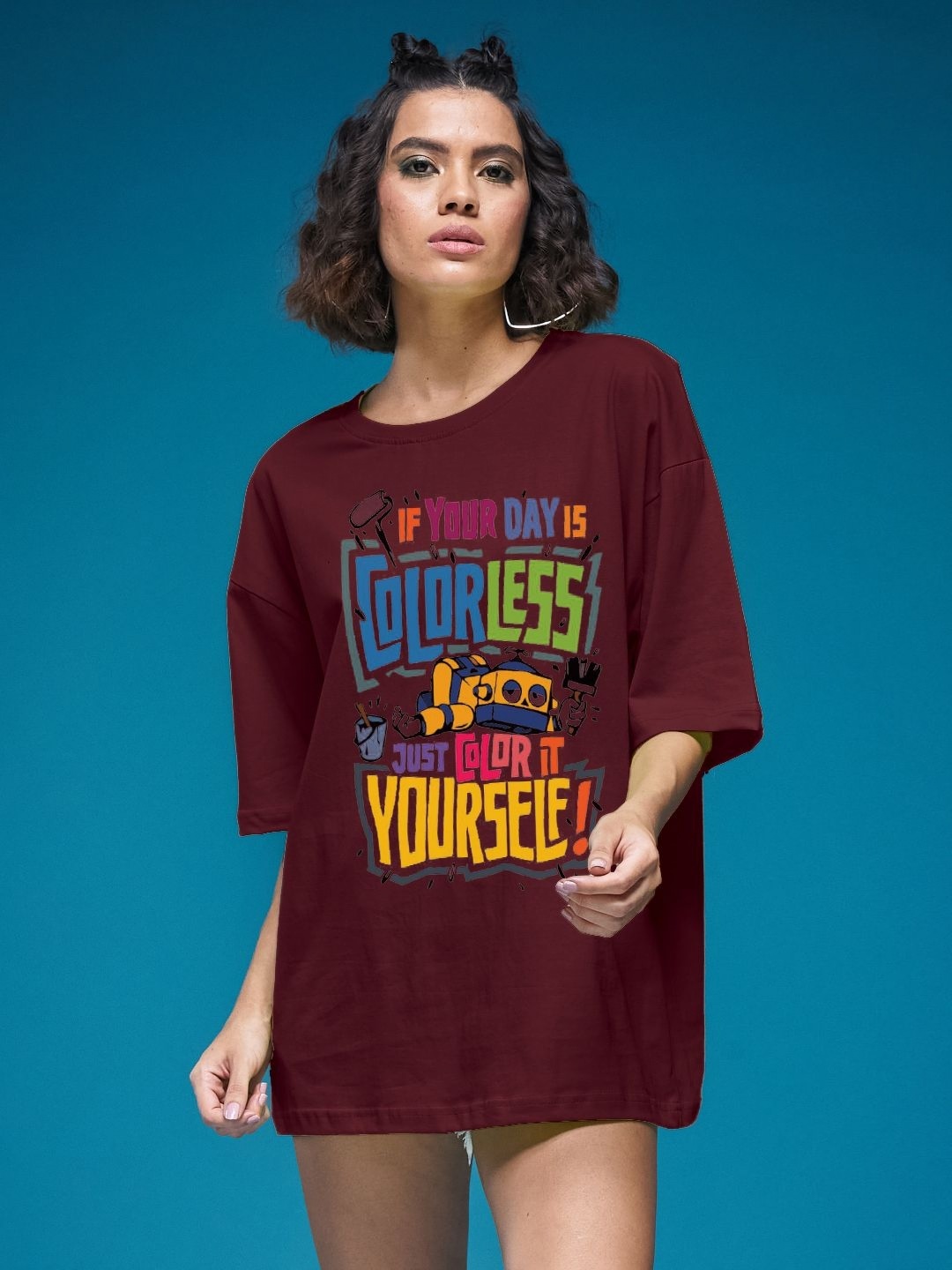 

SMARTEES Women Typography Printed Round Neck Cotton Oversized T-shirt, Maroon
