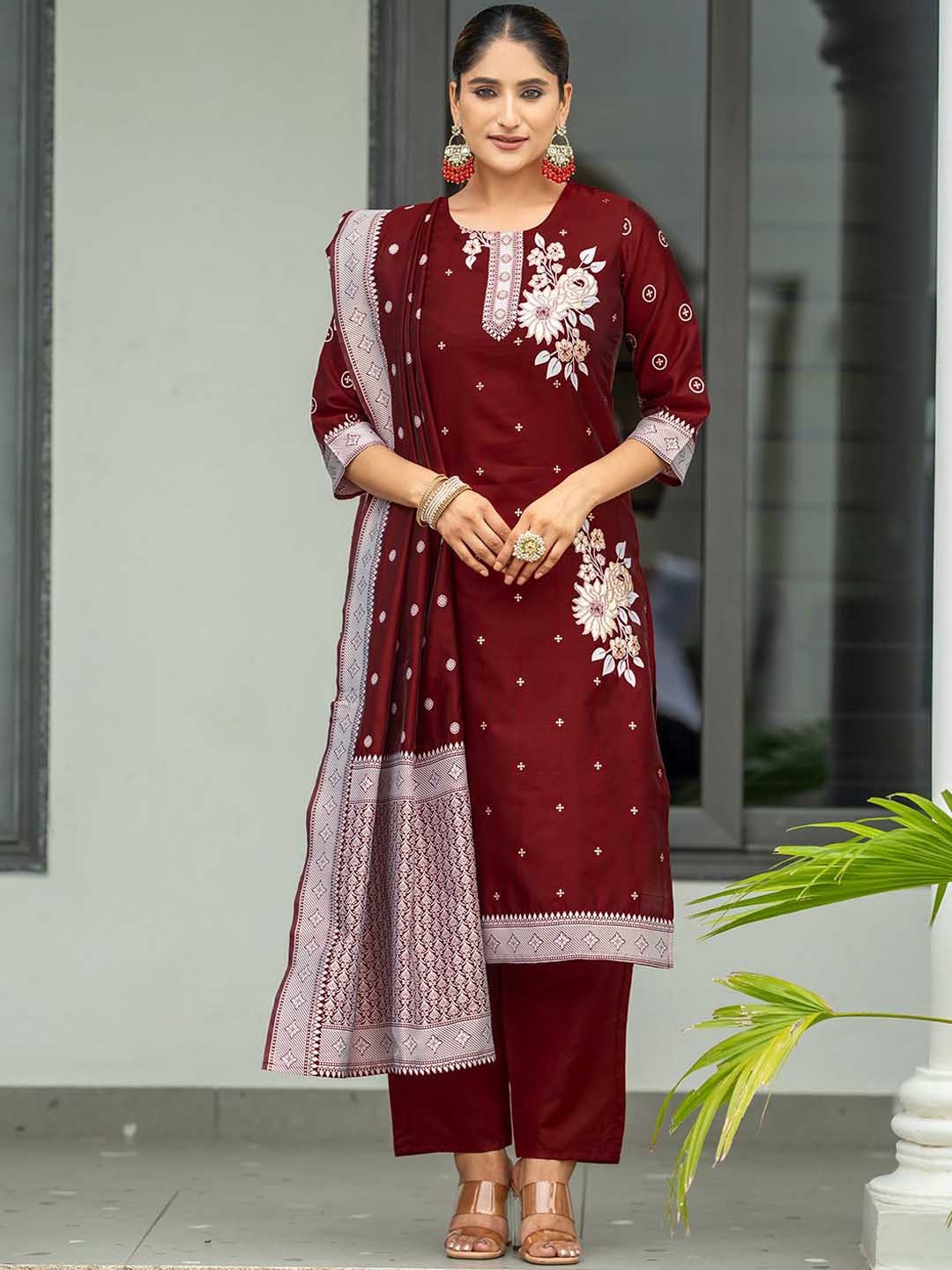 

KALINI Floral Woven Design Round Neck Straight Kurta With Trouser And Dupatta, Maroon