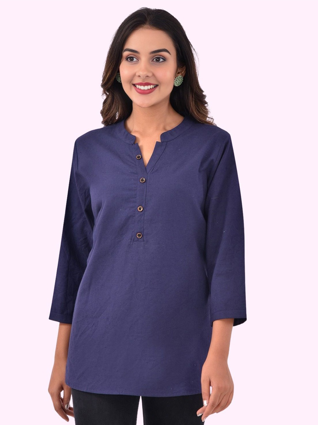 

GiftyBasket Women Mandarin Collar Cotton Shirt Style Top, Navy blue