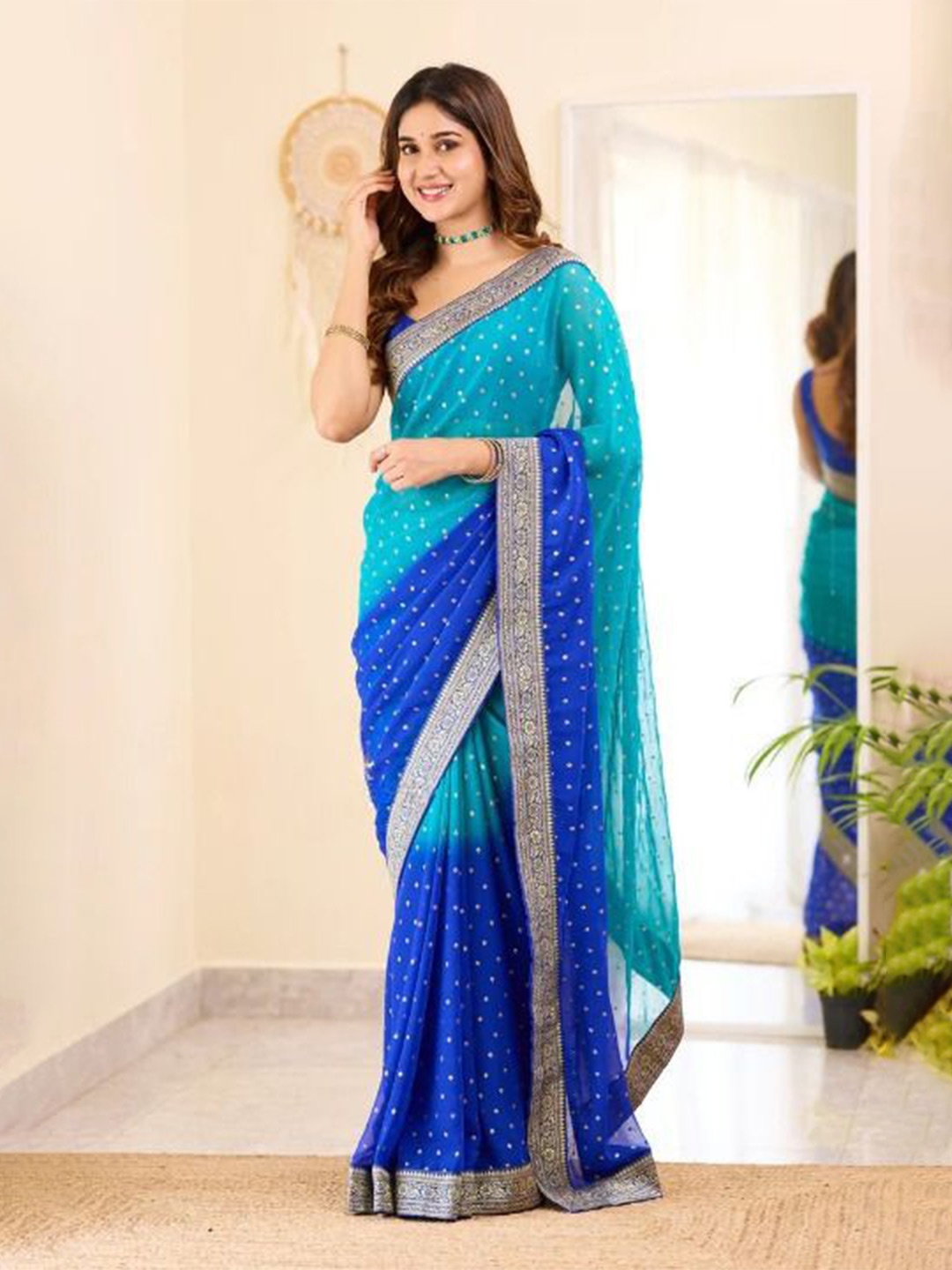 

bansari textiles Bandhani Zari Pure Silk Banarasi Saree, Blue