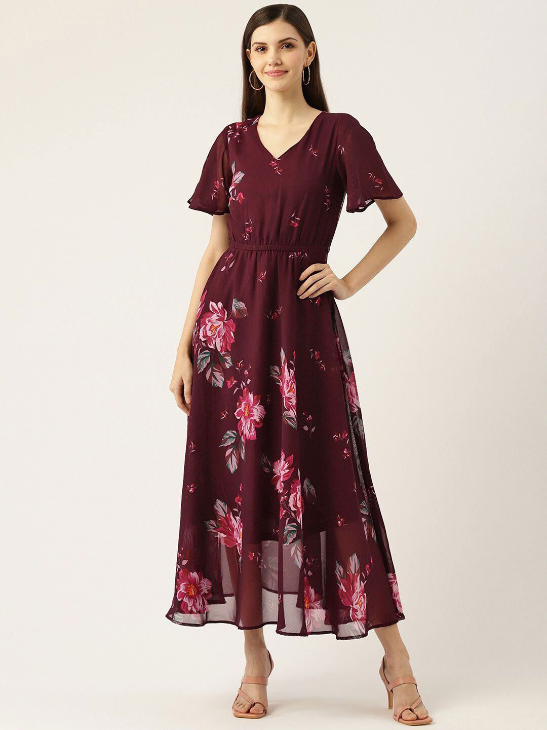 

DressBerry Floral Print Flared Sleeve Georgette Fit & Flare Dress, Maroon