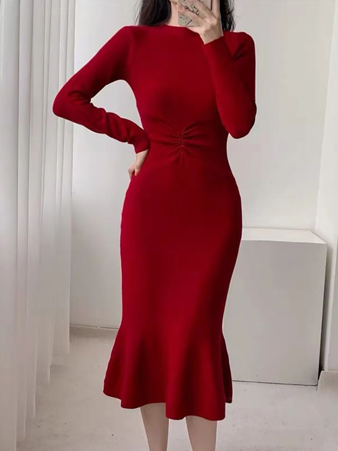 

StyleCast x Revolte Crepe Long Sleeves A-Line Midi Dress, Red