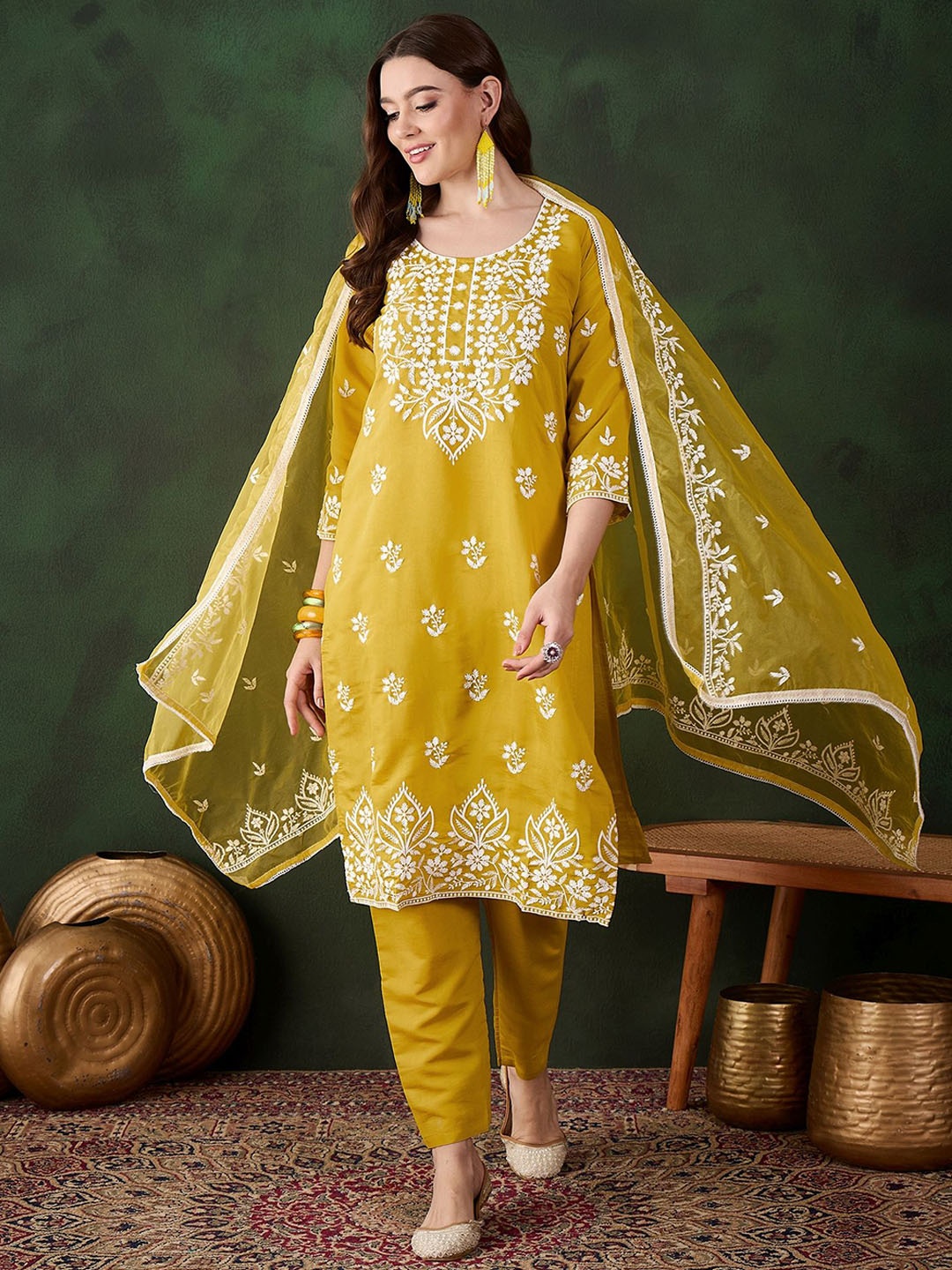 

KIMISHA Floral Embroidered Chikankari Cotton Silk Straight Kurta with Trousers & Dupatta, Mustard