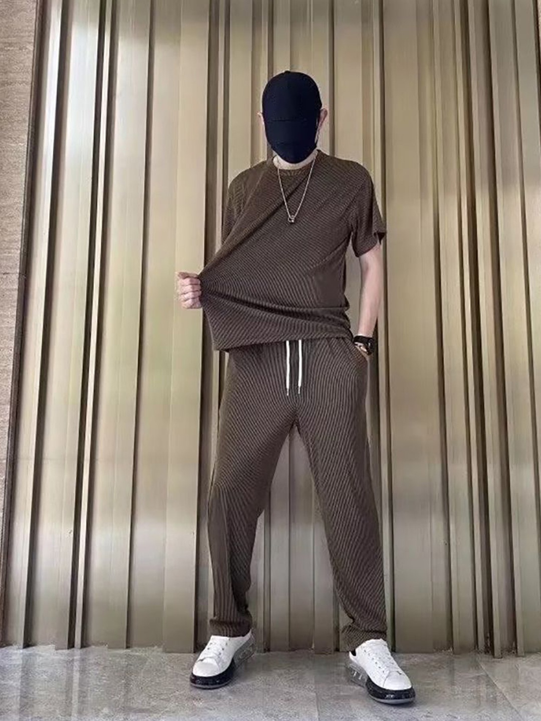 

StyleCast x Revolte Round Neck T-Shirt And Trousers, Coffee brown