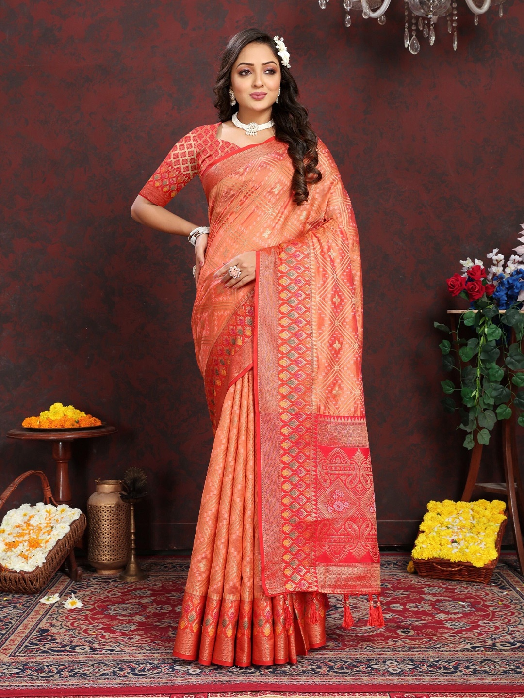 

bansari textiles Woven Design Banarasi Saree, Orange
