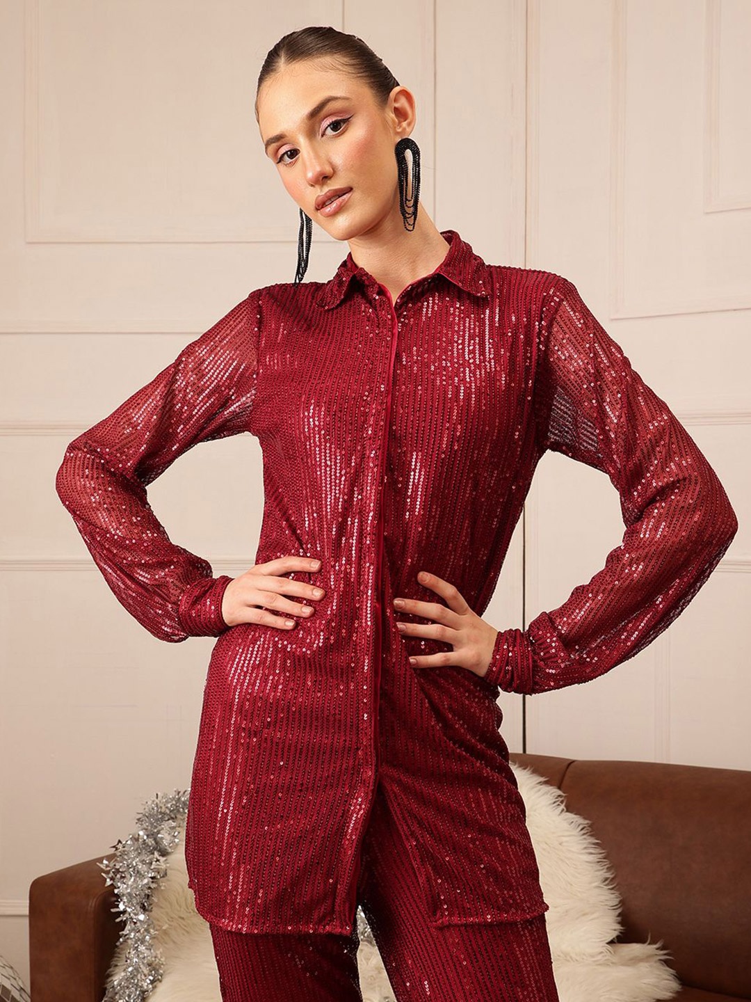 

CORSICA Women Spread Collar Solid Party Shirt, Maroon