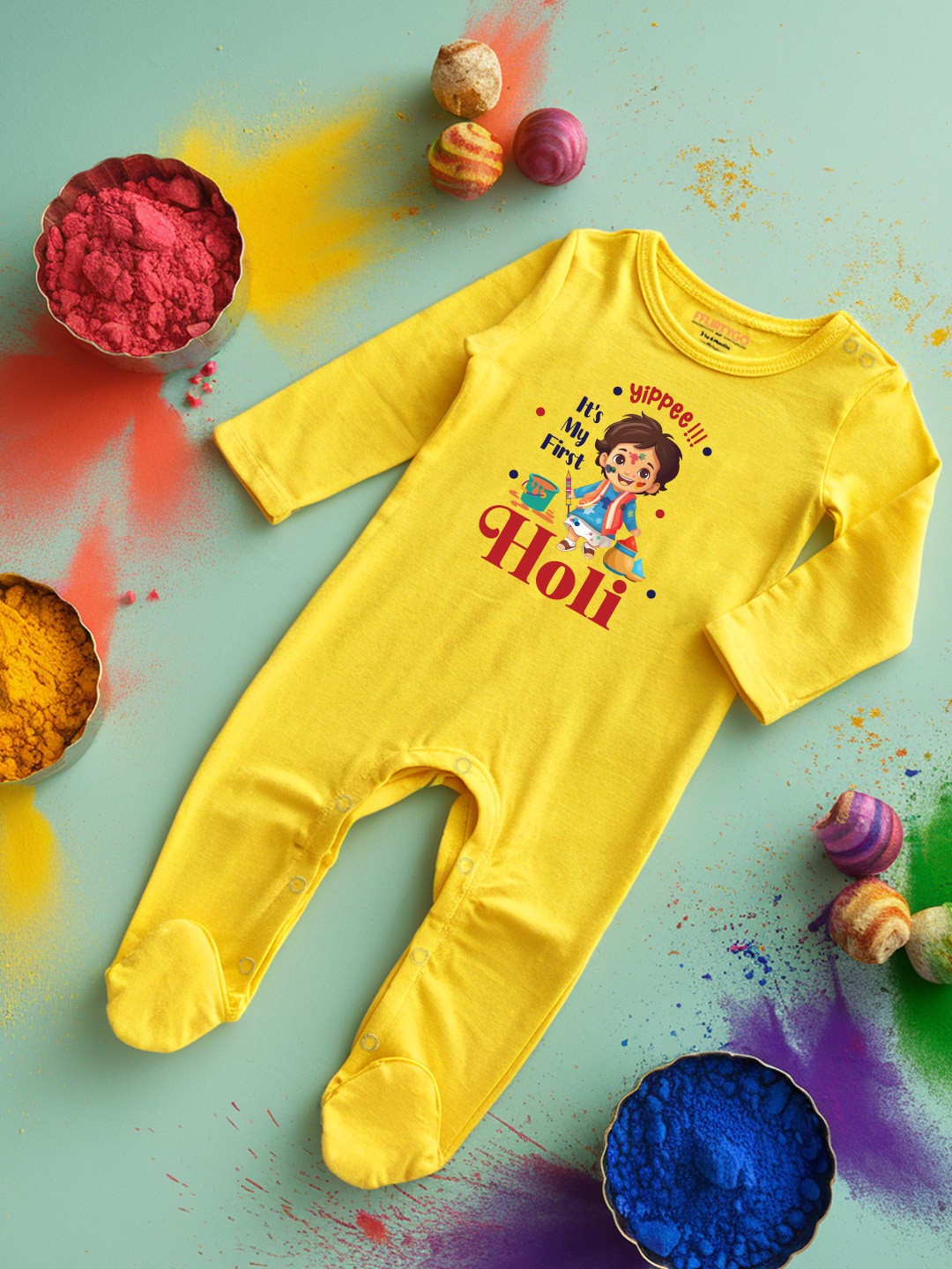 

FFLIRTYGO Infants Holi Printed Pure Cotton Sleepsuit, Yellow