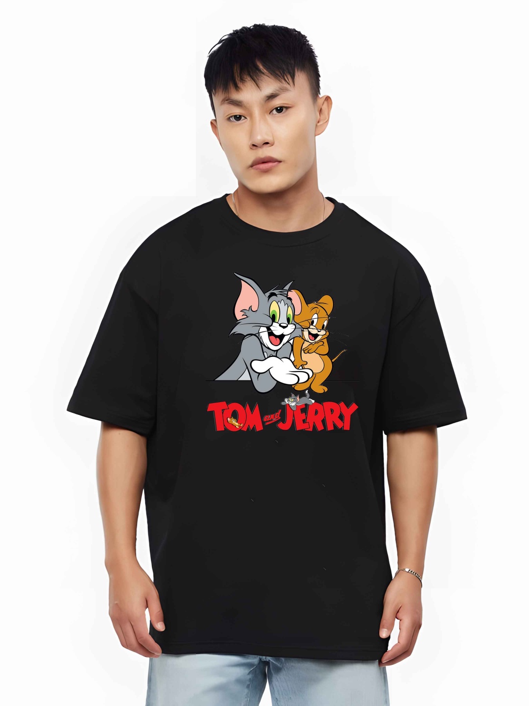 

Krimmple Men Tom & Jerry Graphic Printed Round Neck Cotton Relaxed Fit T-shirt, Black
