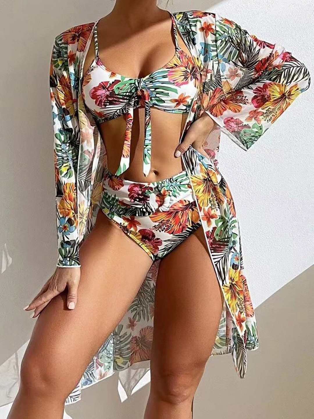 

Plus Curvves Women Floral Printed Swimwear Coverup Set, White