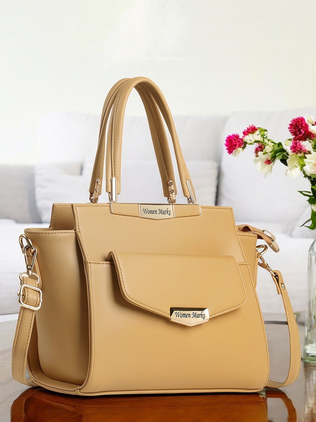 

WOMEN MARKS Textured PU Structured Handheld Bag, Beige