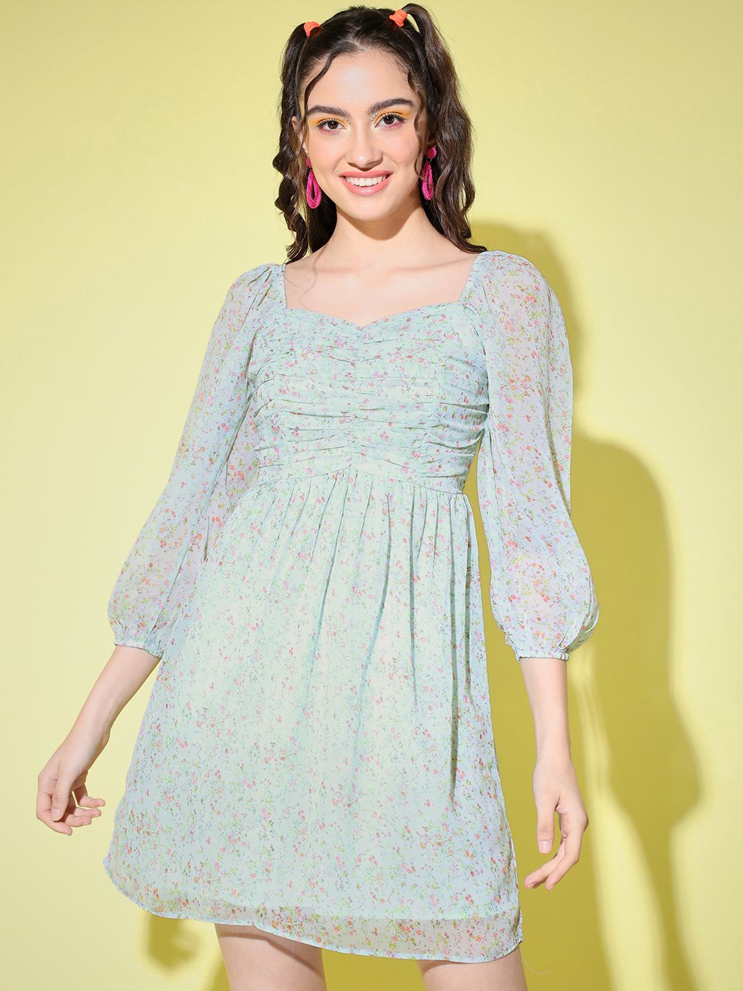 

Moda Rapido Floral Print Puff Sleeve Georgette Fit & Flare Dress, Blue
