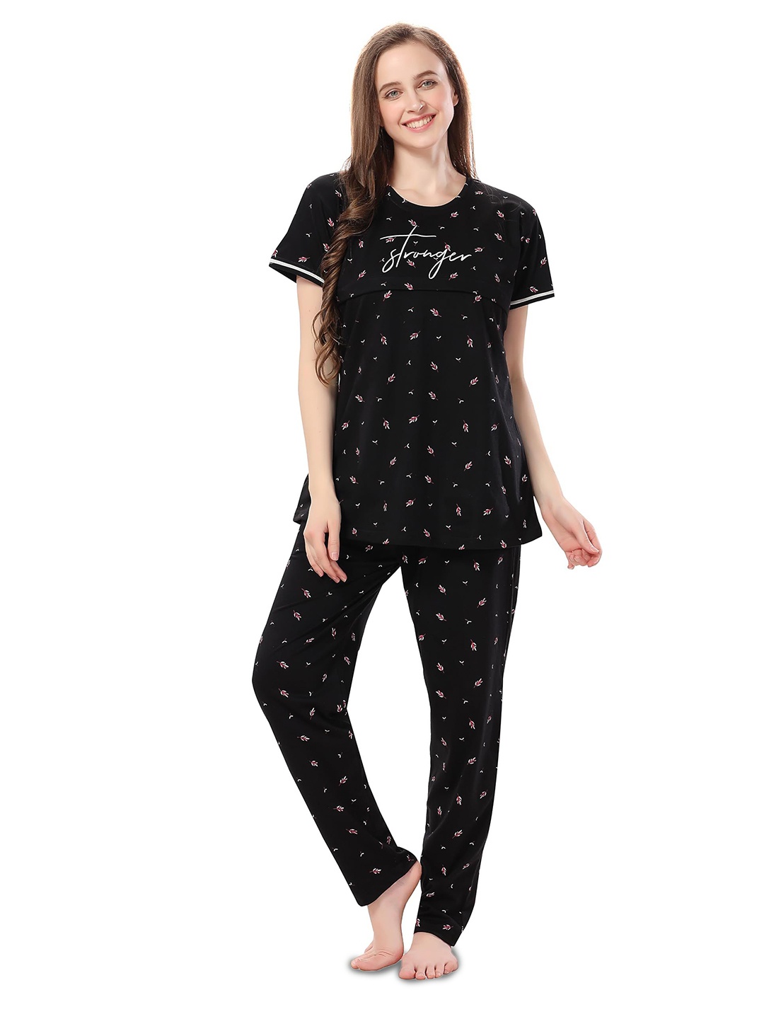 

TIGYWIGY Printed Round Neck Pure Cotton Maternity Night Suit, Black