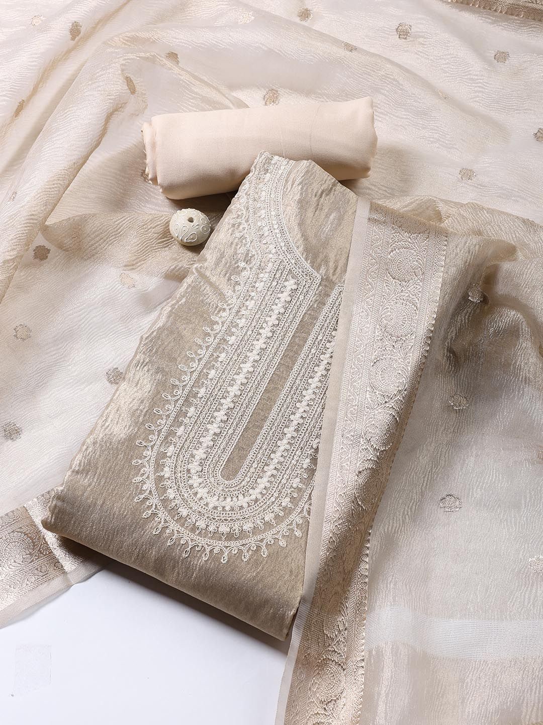 

Meena Bazaar Floral Embroidered Zari Work Tissue Unstitched Dress Material, Beige