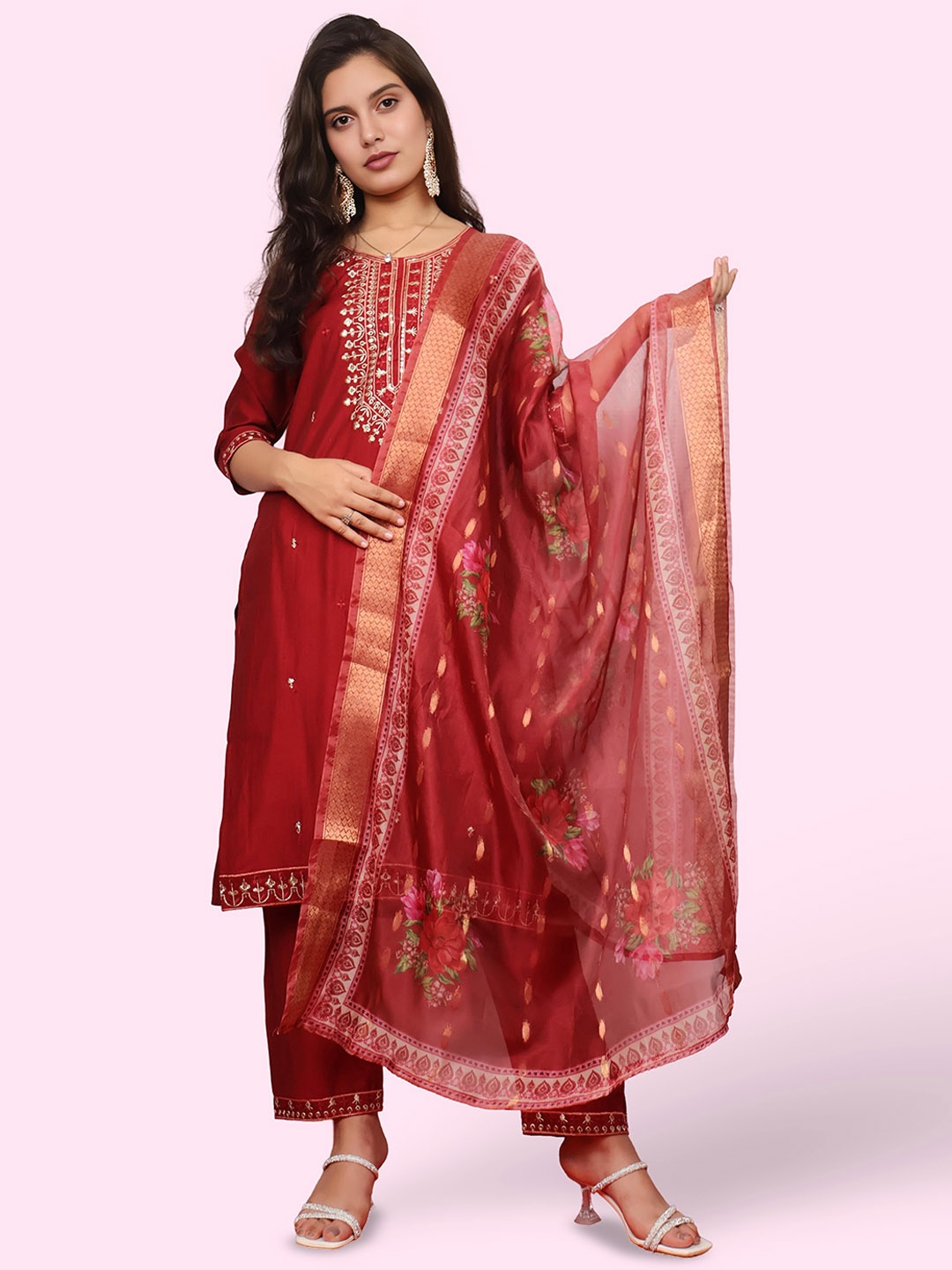 

Shreekama Floral Embroidered Round Neck Sequinned Straight Kurta With Trouser & Dupatta, Maroon