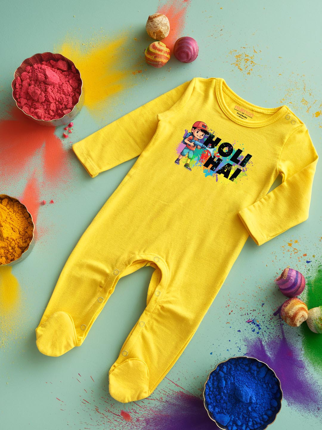 

FFLIRTYGO Infants Holi Printed Cotton Sleepsuit, Yellow