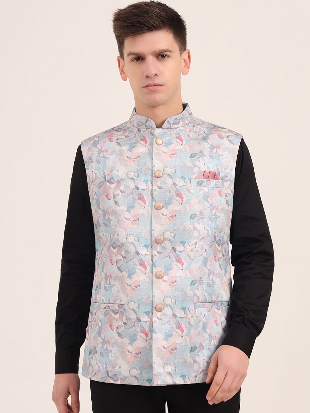 

JB STUDIO Men Mandarin Collar Floral Printed Casual Tailored Jacket, White