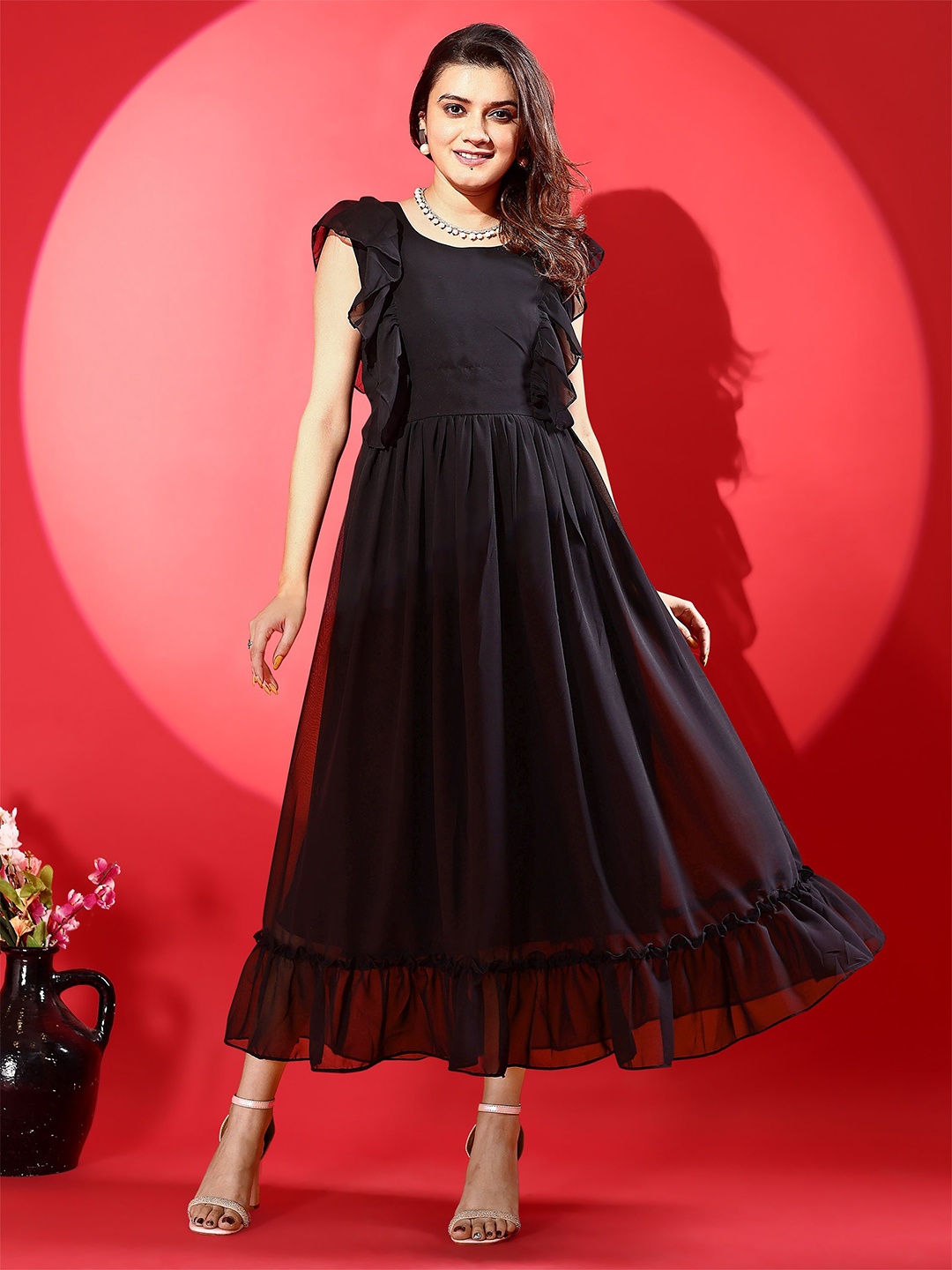 

Fashion2wear Women Flutter Sleeves Fit & Flare Midi Dress, Black