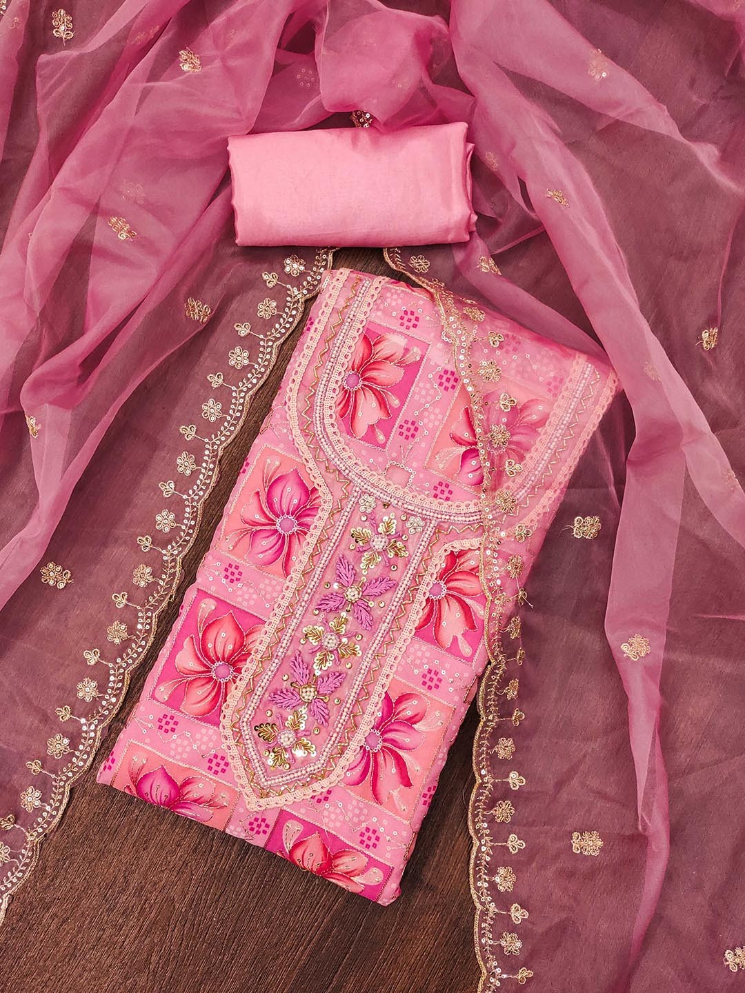 

Blissta Embroidered Organza Unstitched Dress Material, Pink