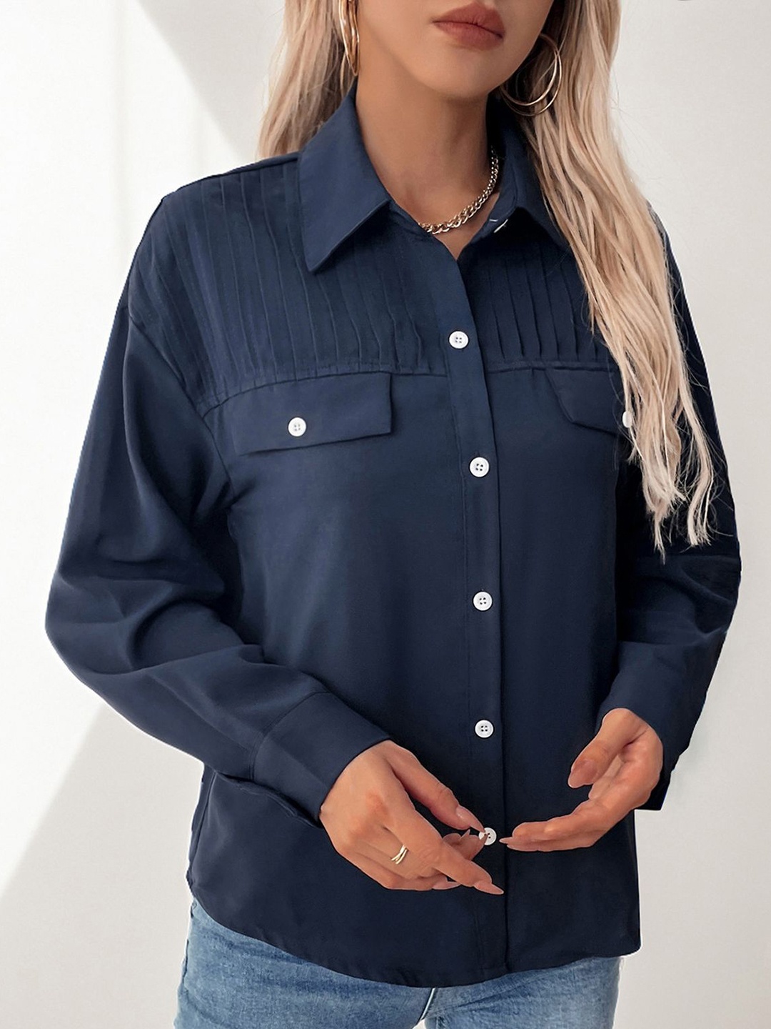 

StyleCast x Revolte Women Spread Collar Solid Casual Shirt, Navy blue