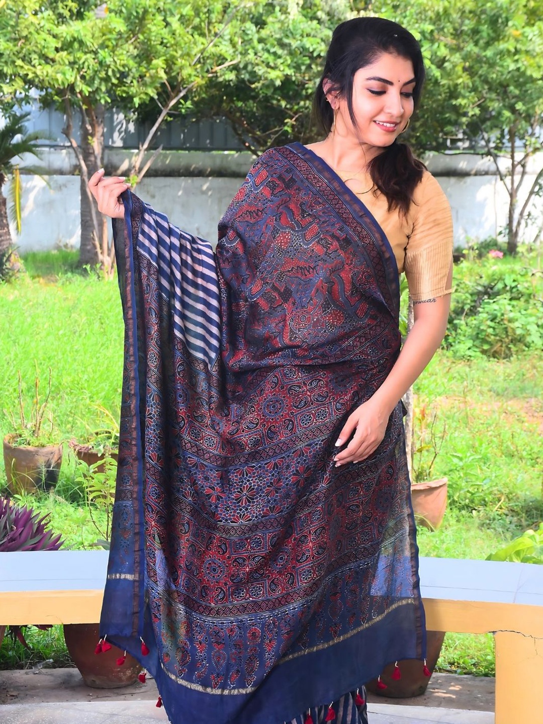 

Indeloom Exclusive Designer Ajrakh Saree, Navy blue