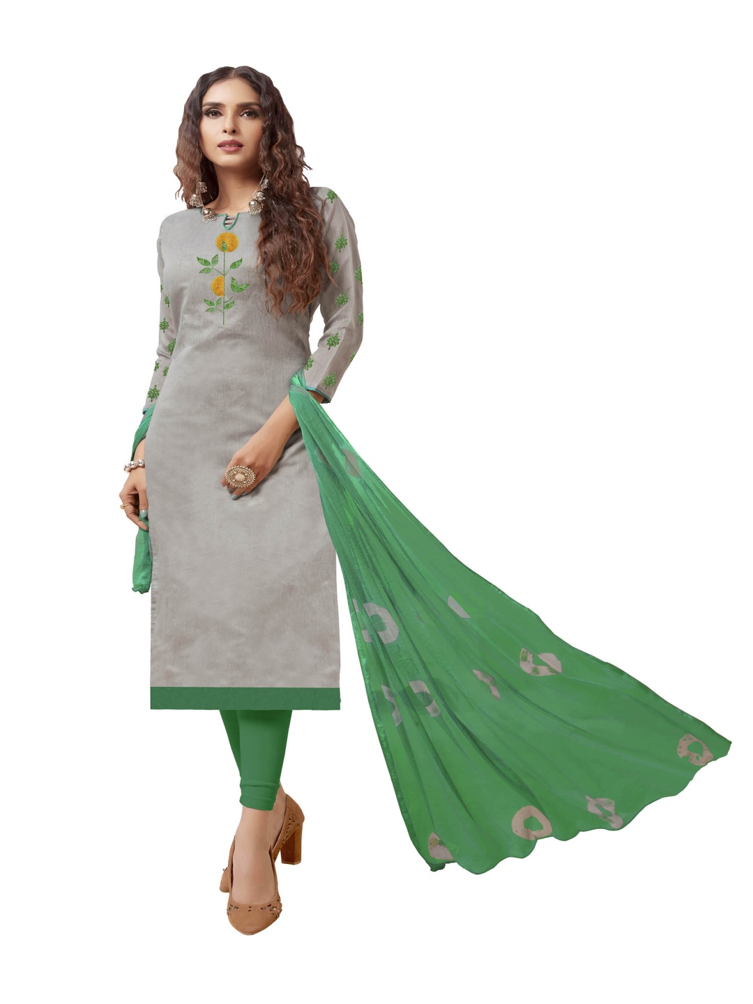 

HERE&NOW Floral Embroidered Thread Work Modal Unstitched Dress Material, Grey