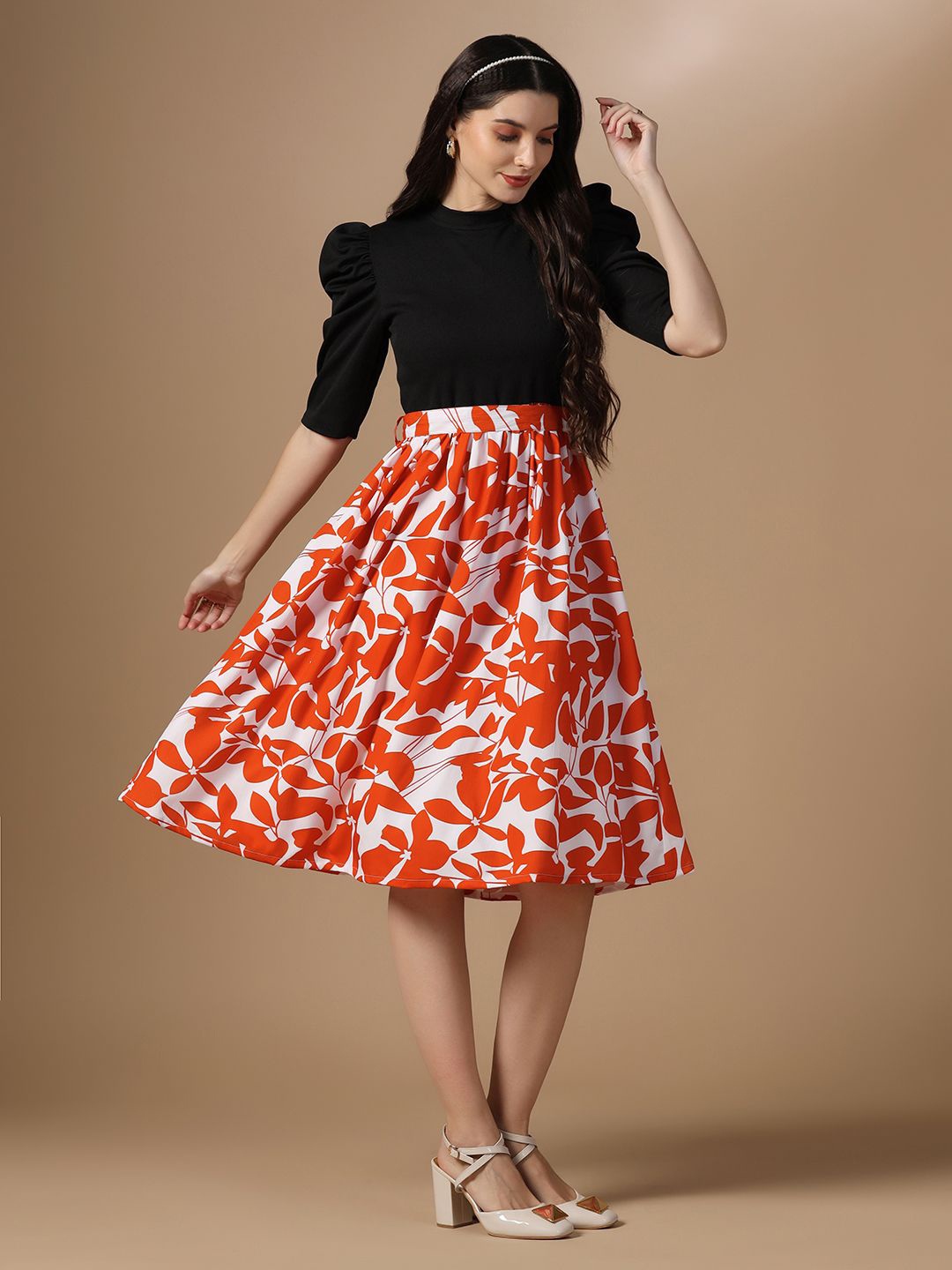 

OMPAX Women Floral Printed Puff Sleeve Fit and Flare Dress, Orange