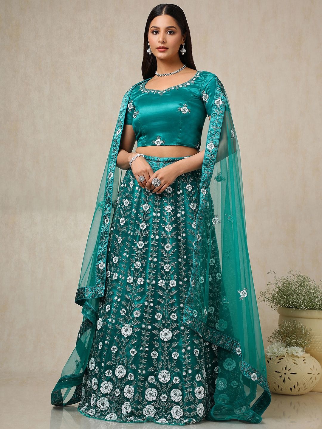 

Soch Embellished Sequinned Unstitched Lehenga & Blouse With Dupatta, Teal