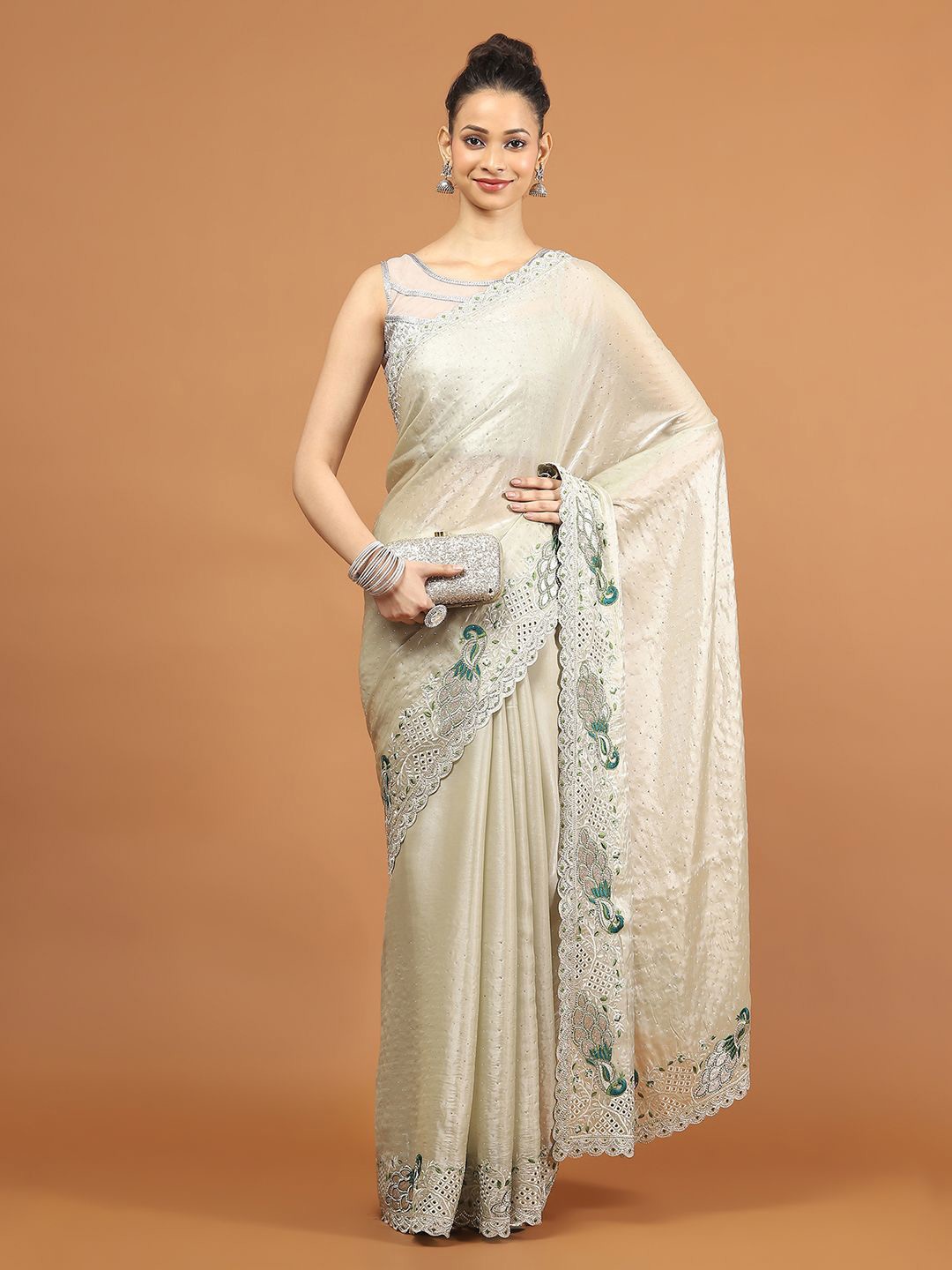 

Meena Bazaar Embellished Embroidered Organza Saree, Green